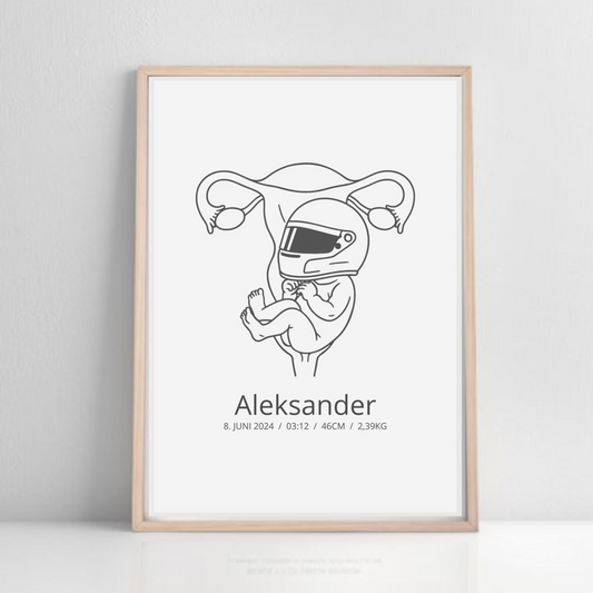 Klassisk fødselsplakat i halvmatt papir med treramme