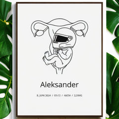 Klassisk fødselsplakat i halvmatt papir med treramme